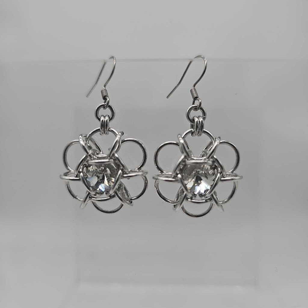 Silver Flower 8mm White Diamond Crystal Earrings, Surgical Steel Ear Wires