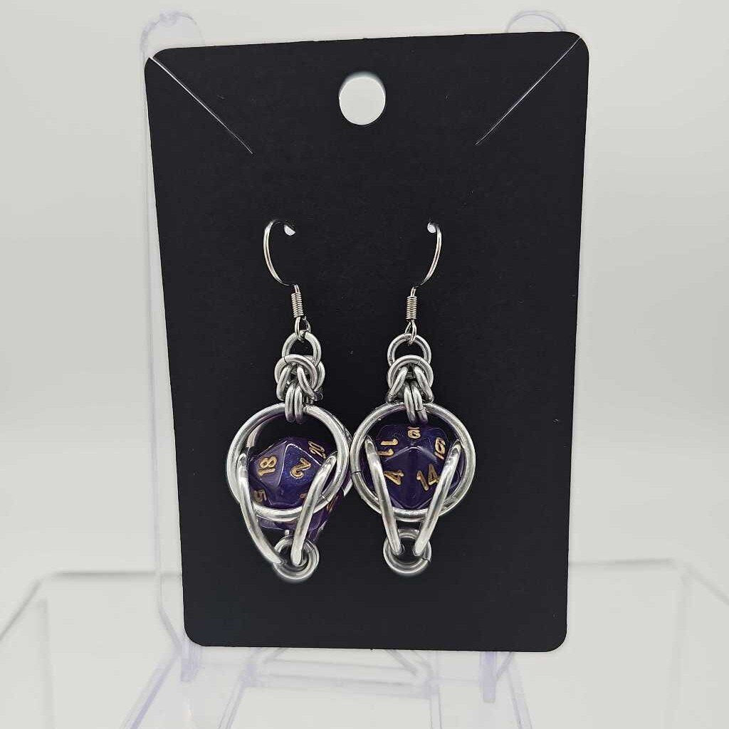 Mini D20 Earrings, Silver with Dark Purple D20, Surgical Steel Ear Wires