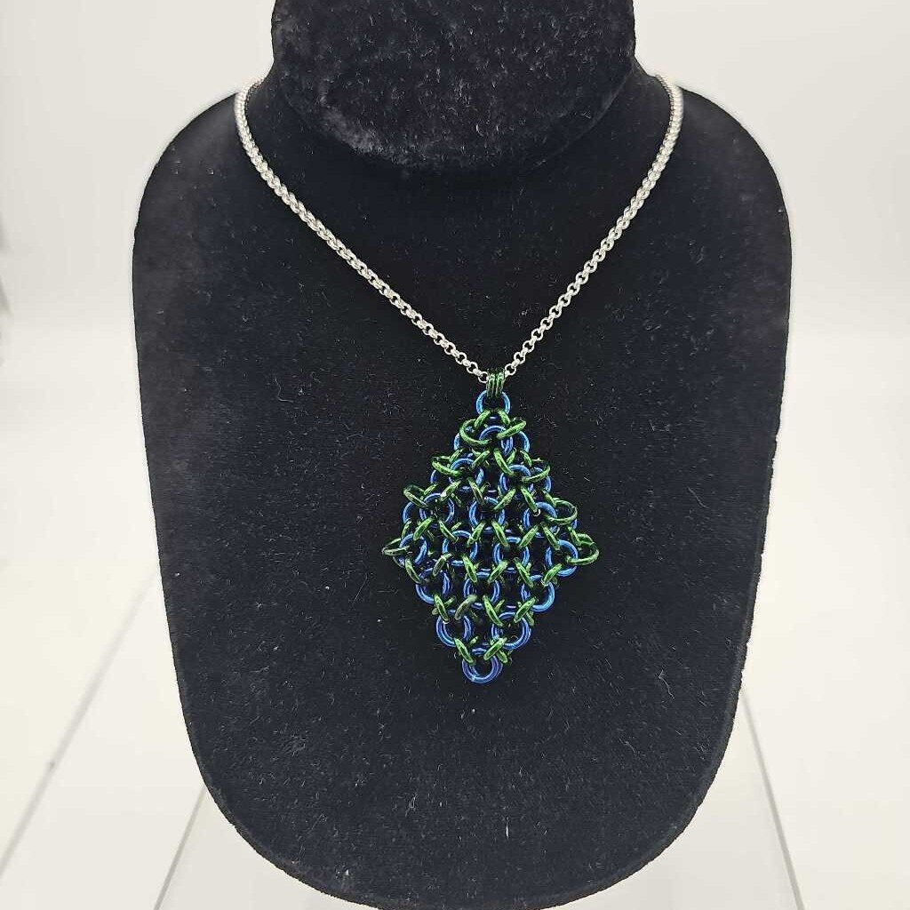Green Blue Jelly Cube Fidget Necklace, 30 inch stainless steel chain