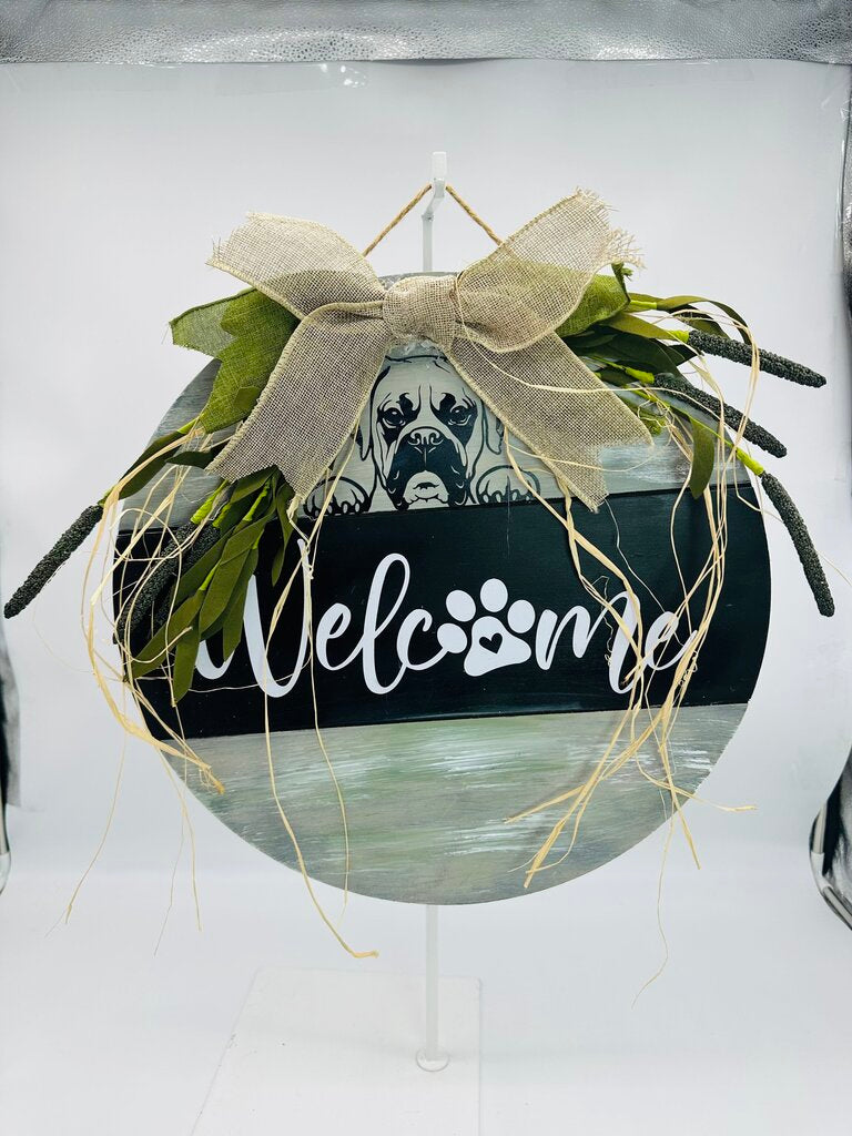 Welcome Sign Welcome paw print with Boxer dog