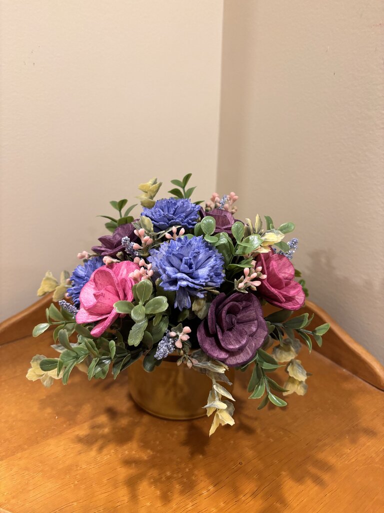Pink, Blue and Purple Sola Wood Flowers in a brown cup