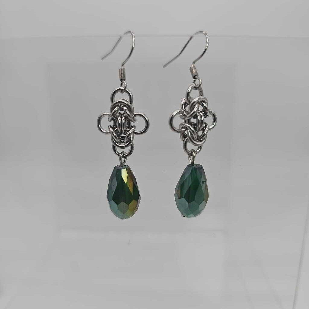 Stainless Steel Byzantine Earrings with Green Crystal Drop, Surgical Steel Ear Wires