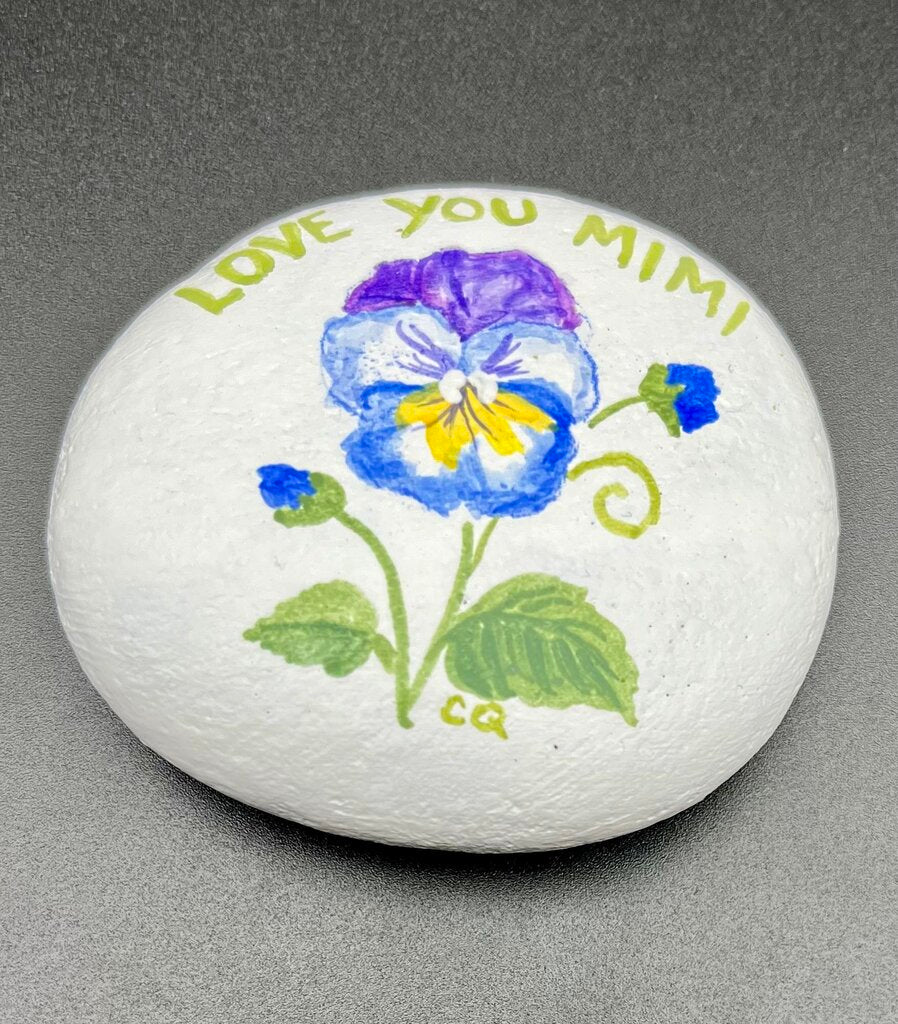 Rock sm. white-"Love you Mimi"-pansy
