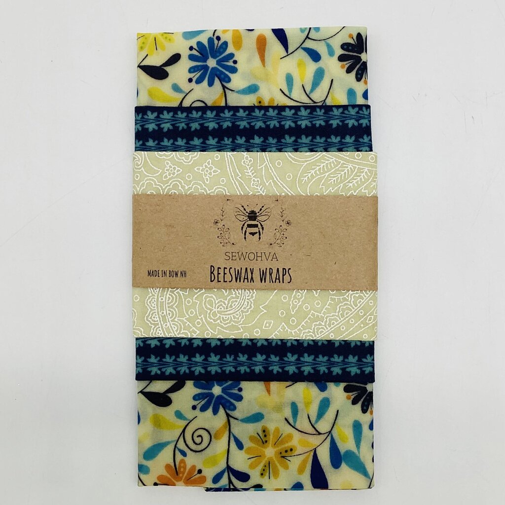 Beeswax Wraps 3 Pack, Blue and Yellow Flowers
