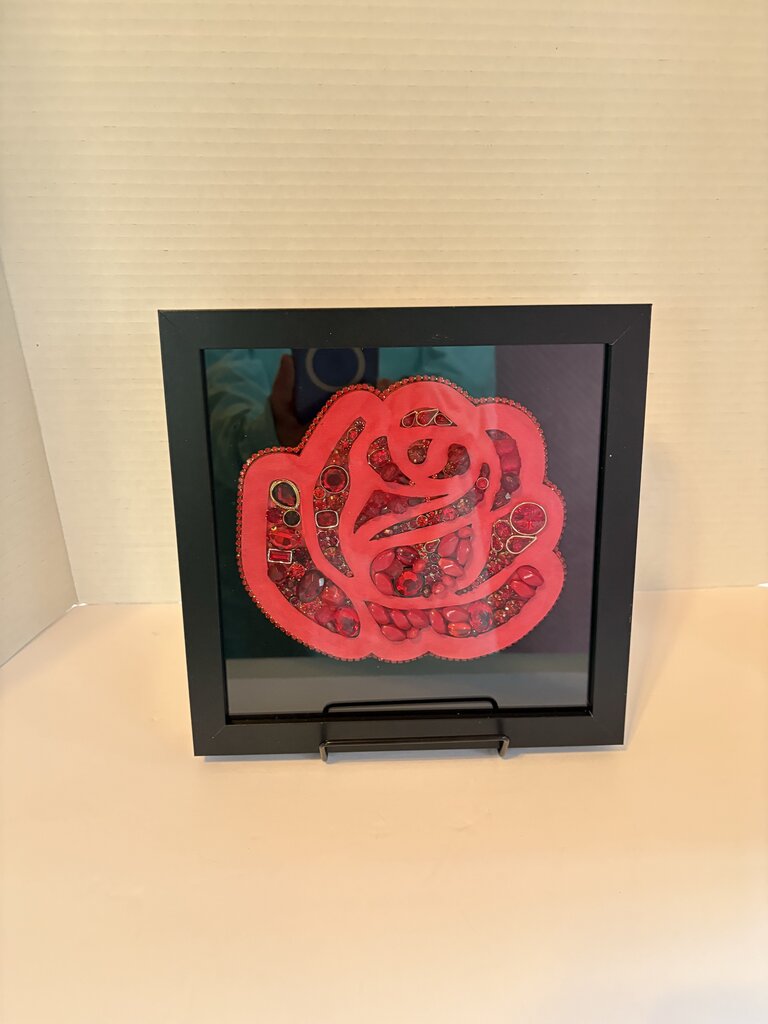 RED ROSE in 8x8 black sb painted and filled in w/red rhinestone jewelry