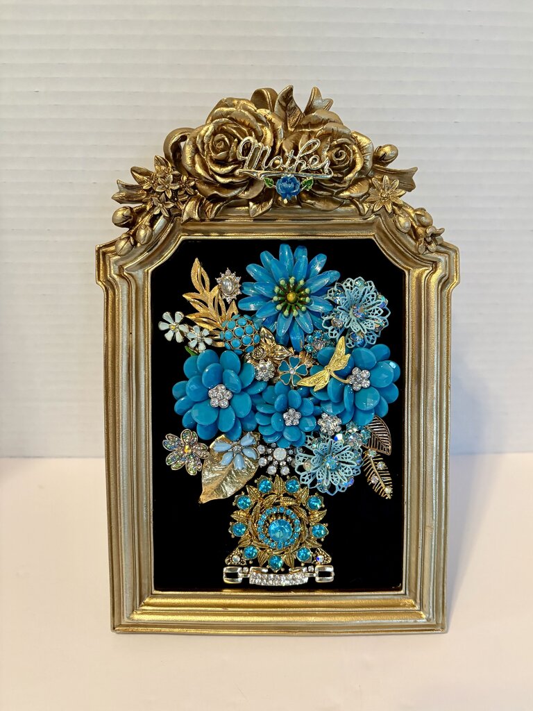 GOLD ROSE 5X7 FRAMEw/ DESIGN of VTG AQUA & GOLD FLOWERS,LEAVES & JEWELRY & MOTHER