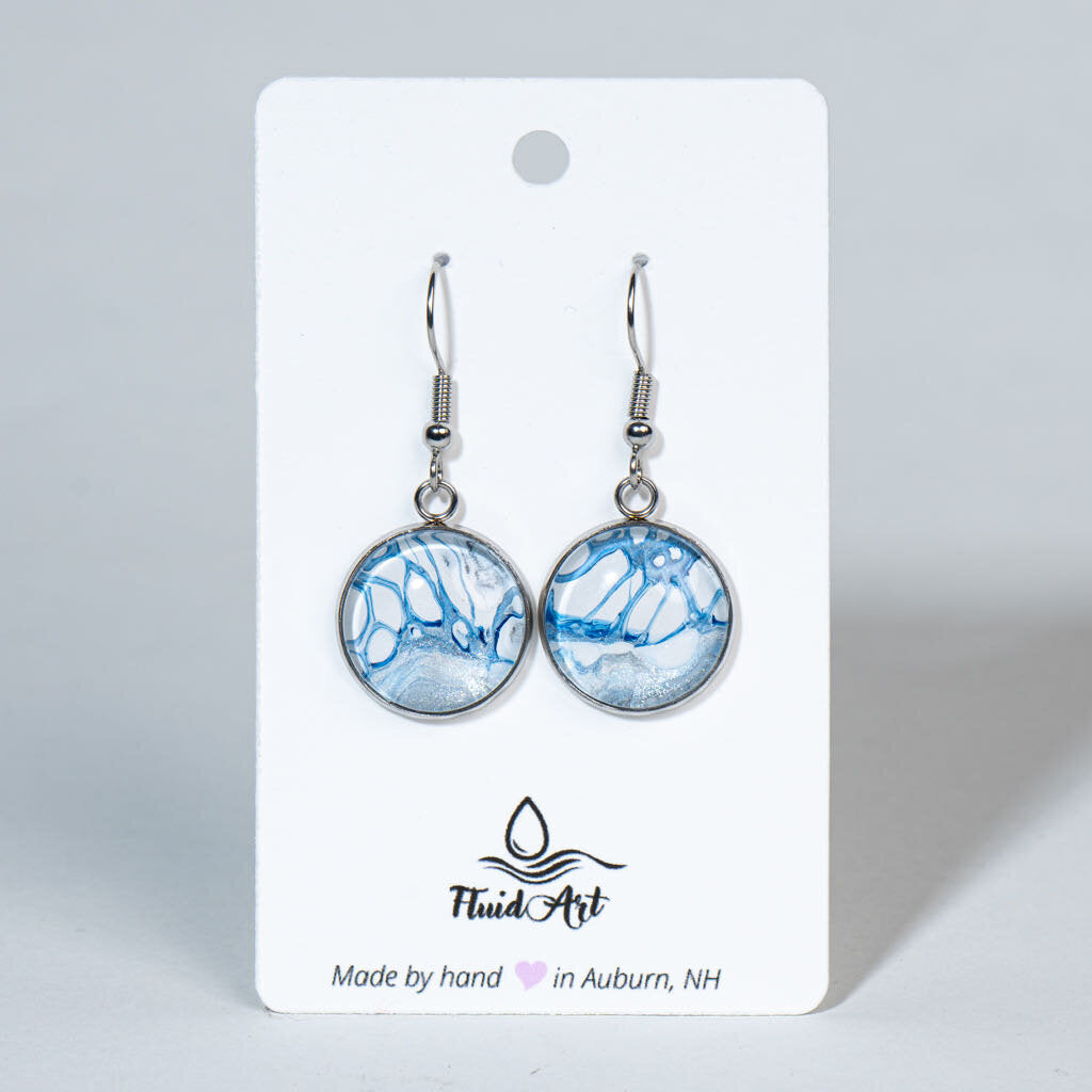 Round Fluid Art Drop Earrings - Blue, White in Silver