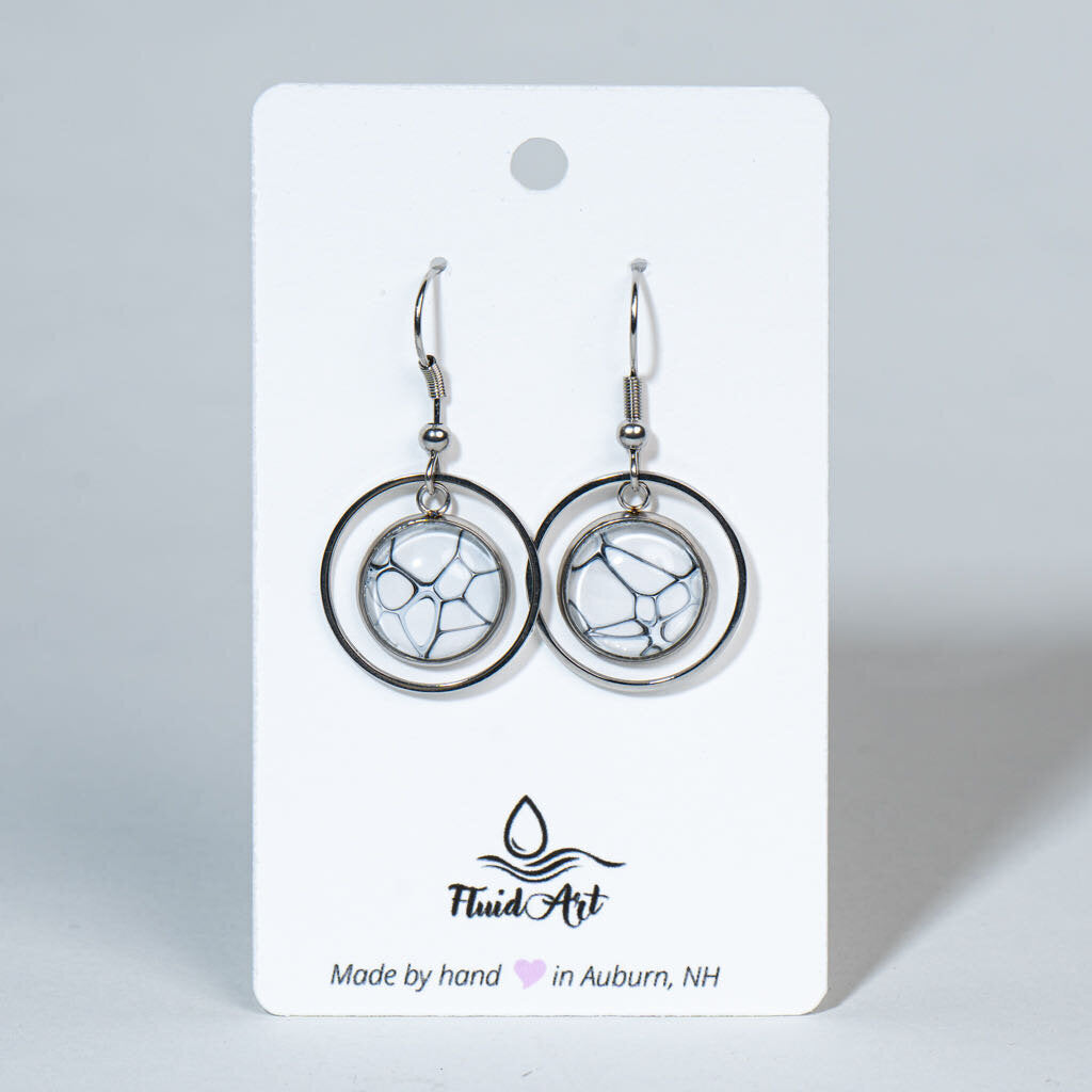 Drop Earrings - Round Frames - Blue, White on Silver
