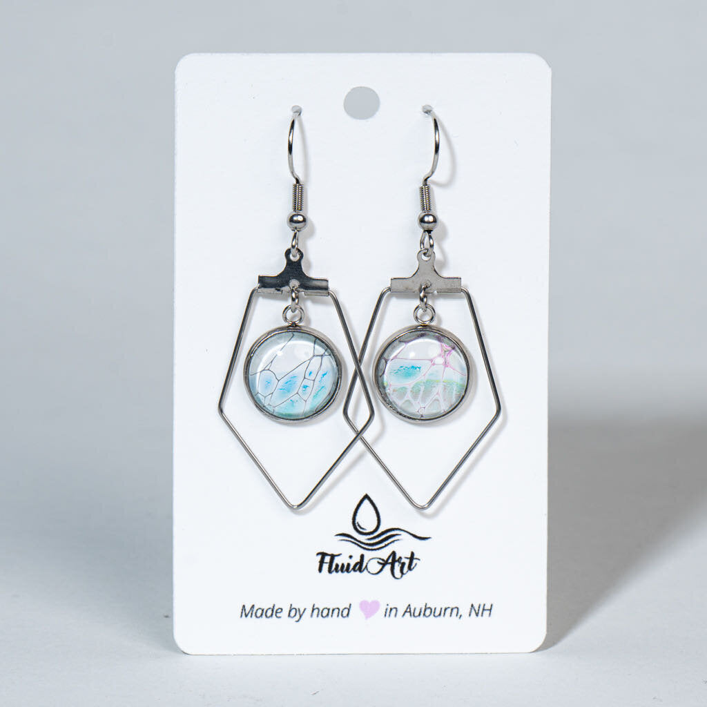 Drop Earrings - Layered Geometric Shape - White, Green