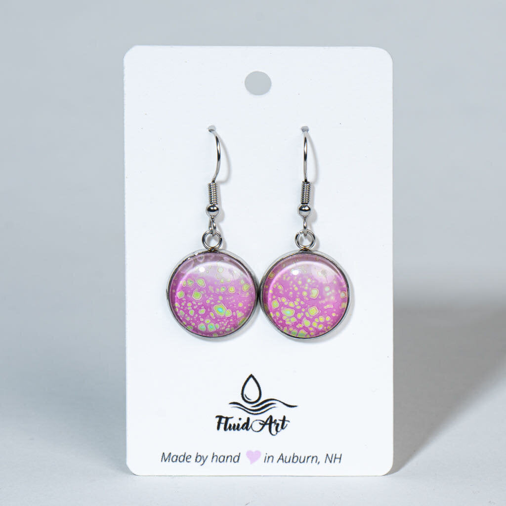 Round Fluid Art Drop Earrings - Pink, Green on Silver