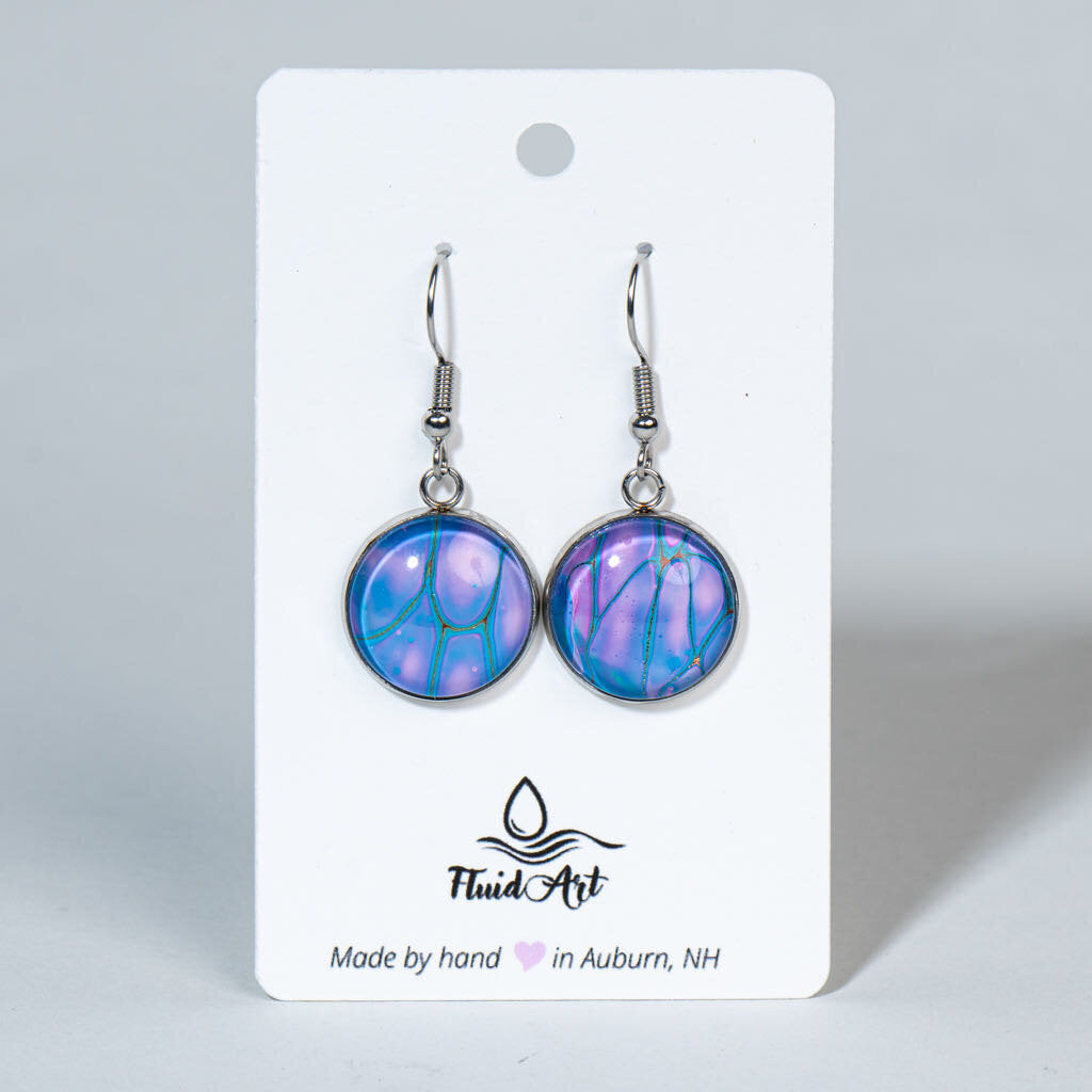 Round Fluid Art Drop Earrings - Blue and lavender cells