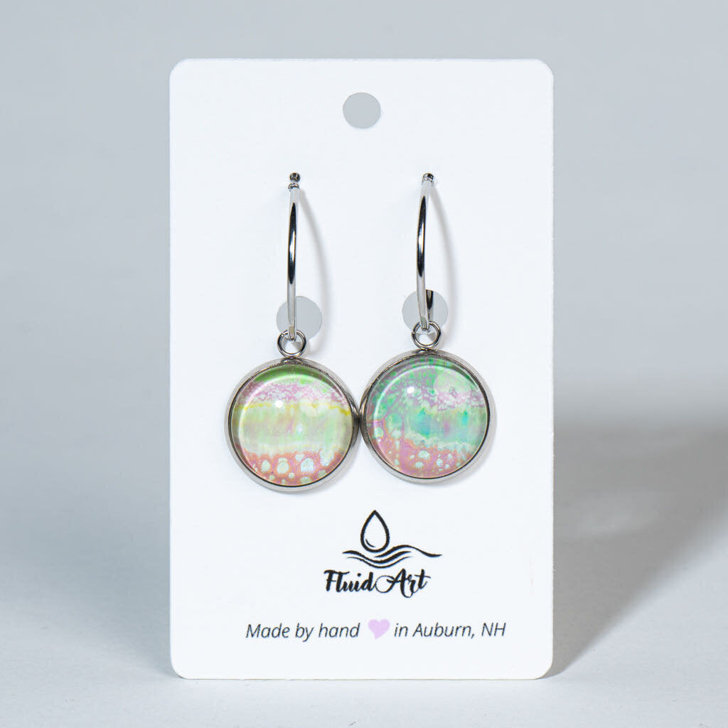 Fluid Art Drop Earrings - Handcrafted Wearable Art - Lime green, pink, orange