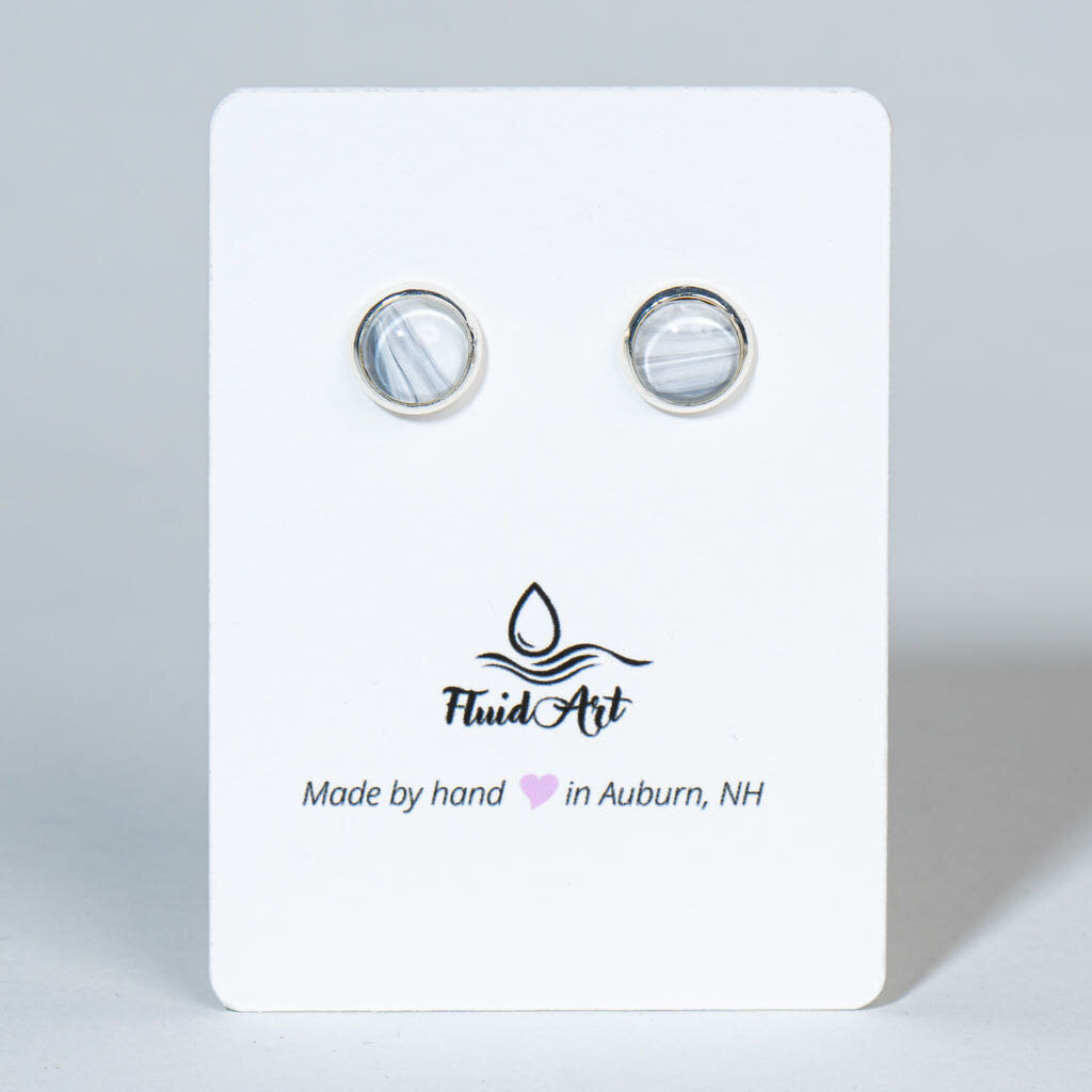 Petite Fluid Art Stud Earrings - white & gray stripes on silver