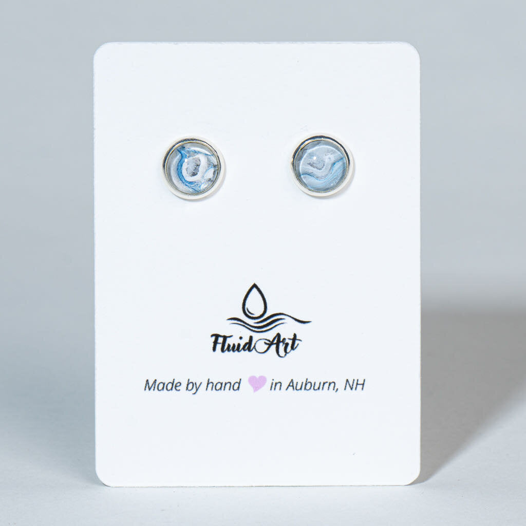 Petite Fluid Art Stud Earrings - white & blue on silver