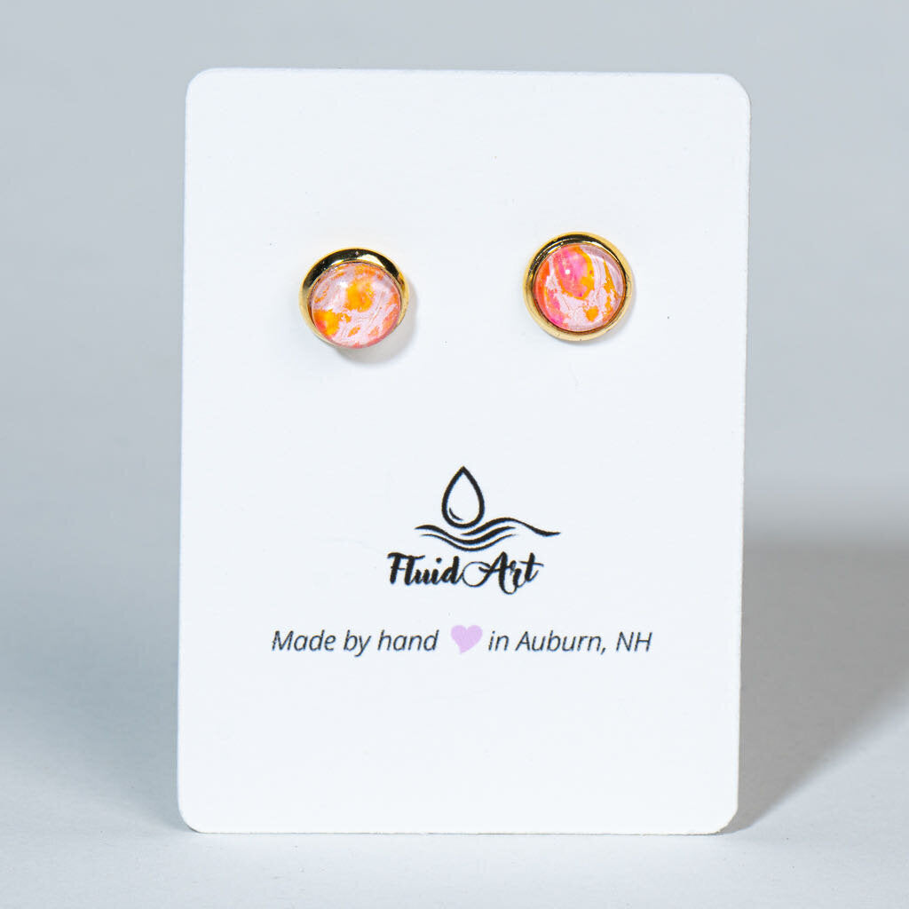 Petite Fluid Art Stud Earrings - orange, Pink, white on gold