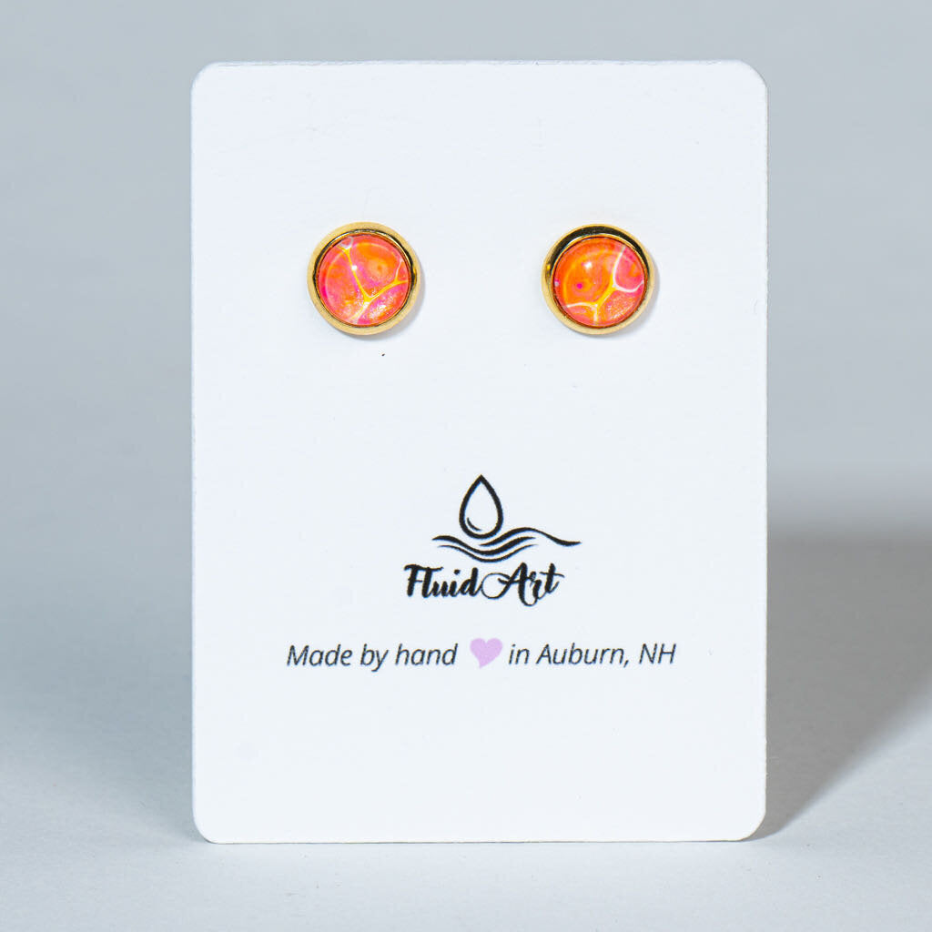 Petite Fluid Art Stud Earrings - bright coral pink on gold