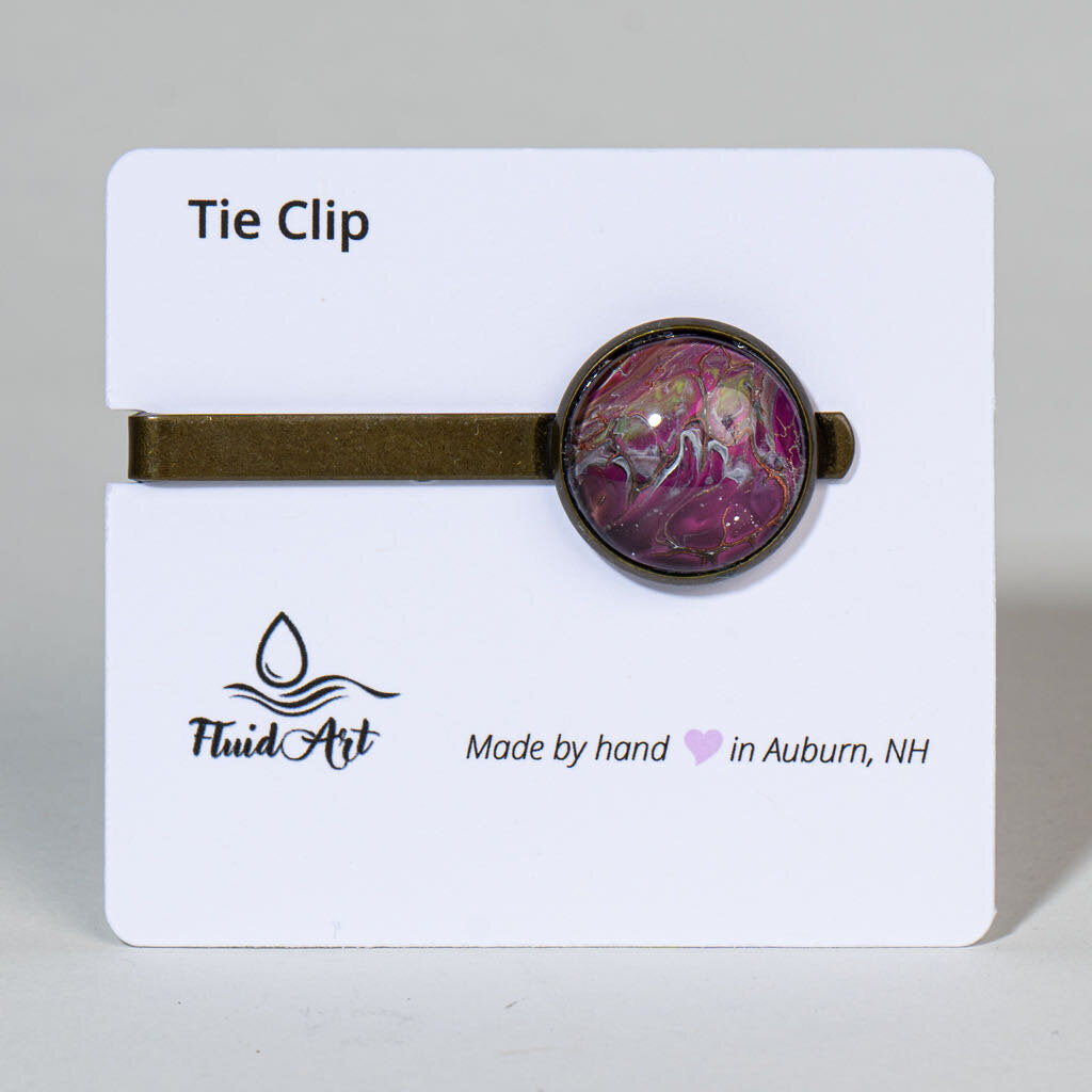 Tie Clip, Modern Statement, burgundy, magenta black on antique bronze