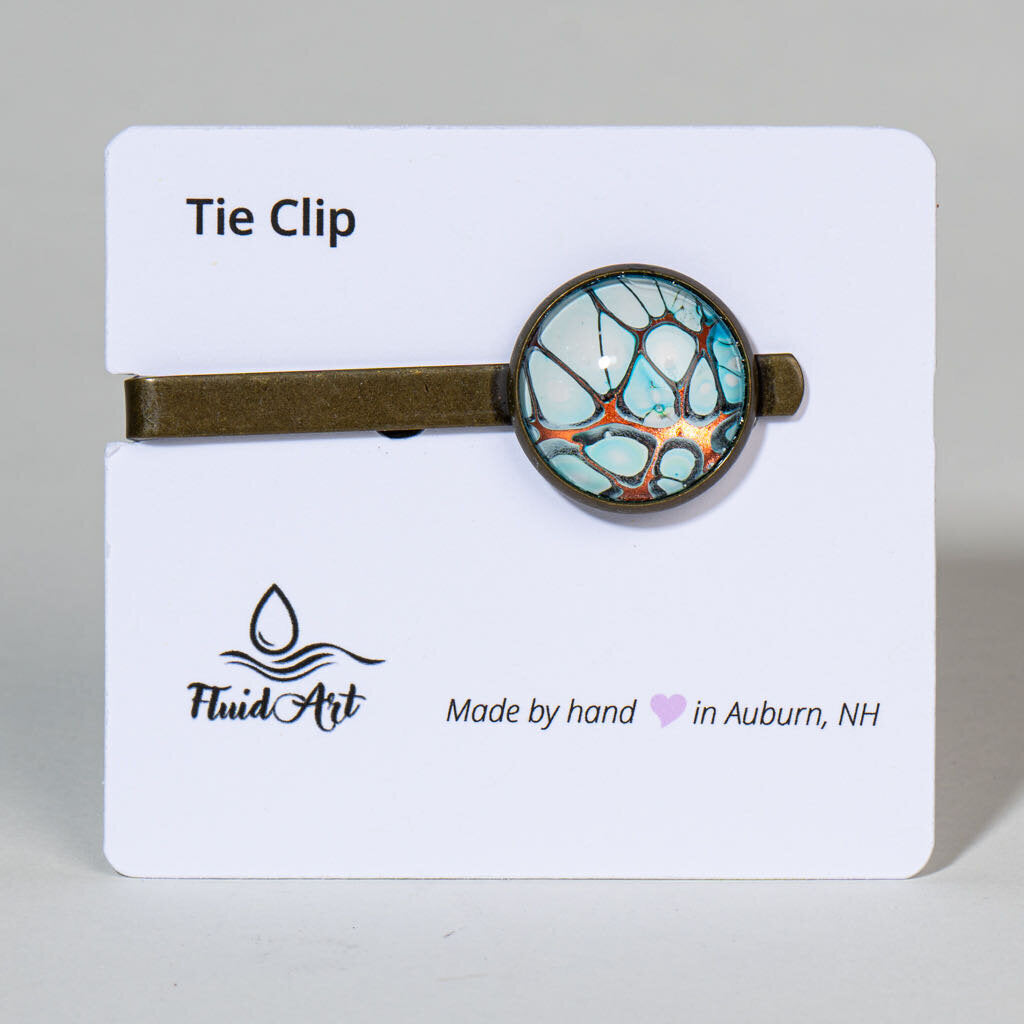 Tie Clip, Modern Statement, White cells with blue antique bronze metal