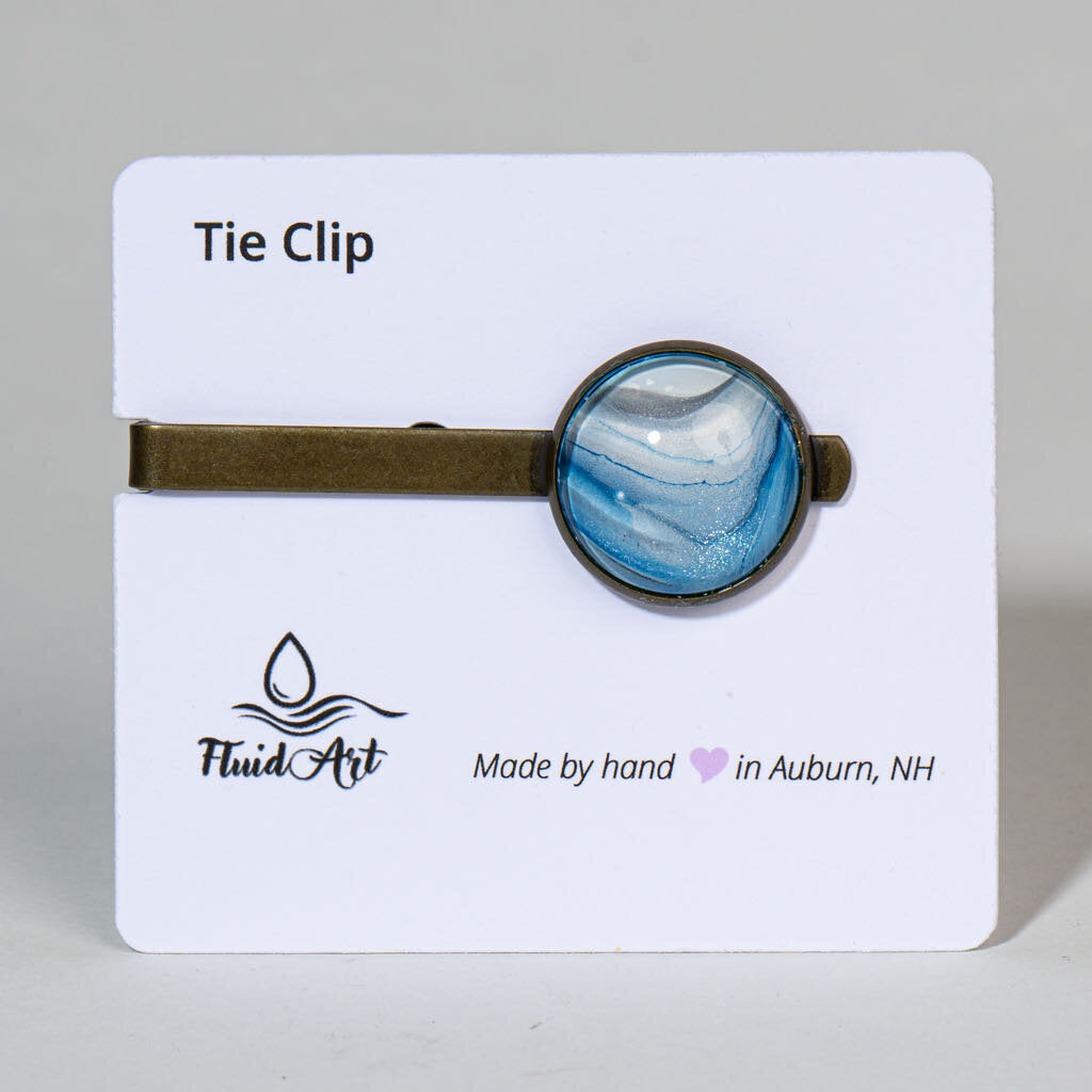 Tie Clip, Modern Statement, Blue and white on antique bronze