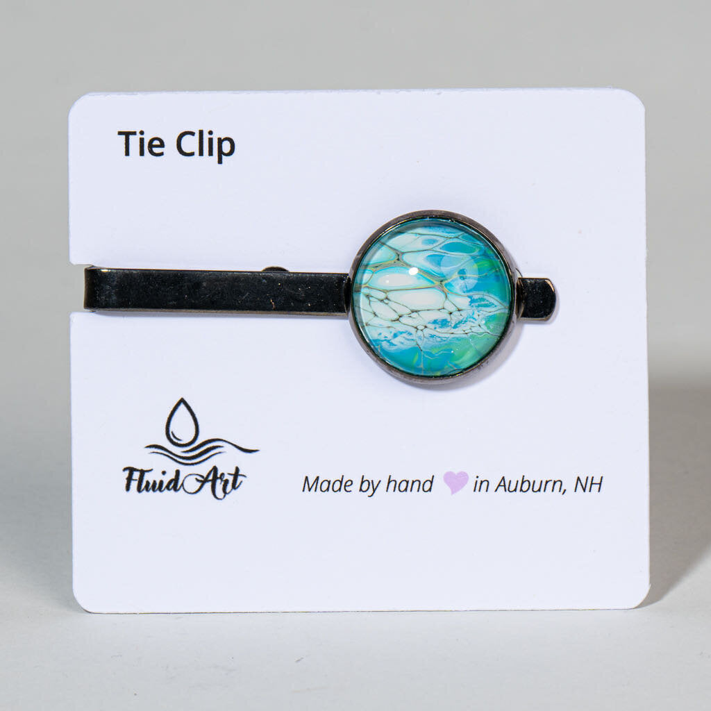 Tie Clip, Modern Statement, cyan blue and white cells on gunmedal