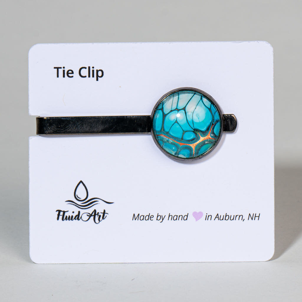 Tie Clip, Modern Statement, bright blue and white cells with black and gold on gunmetal