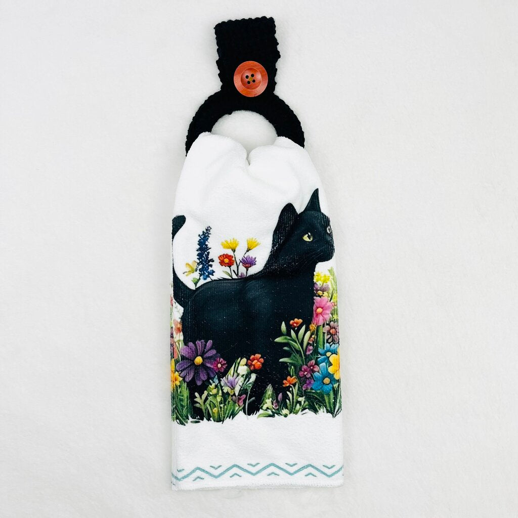Hanging Towel Set - Black Cat with Flowers #2