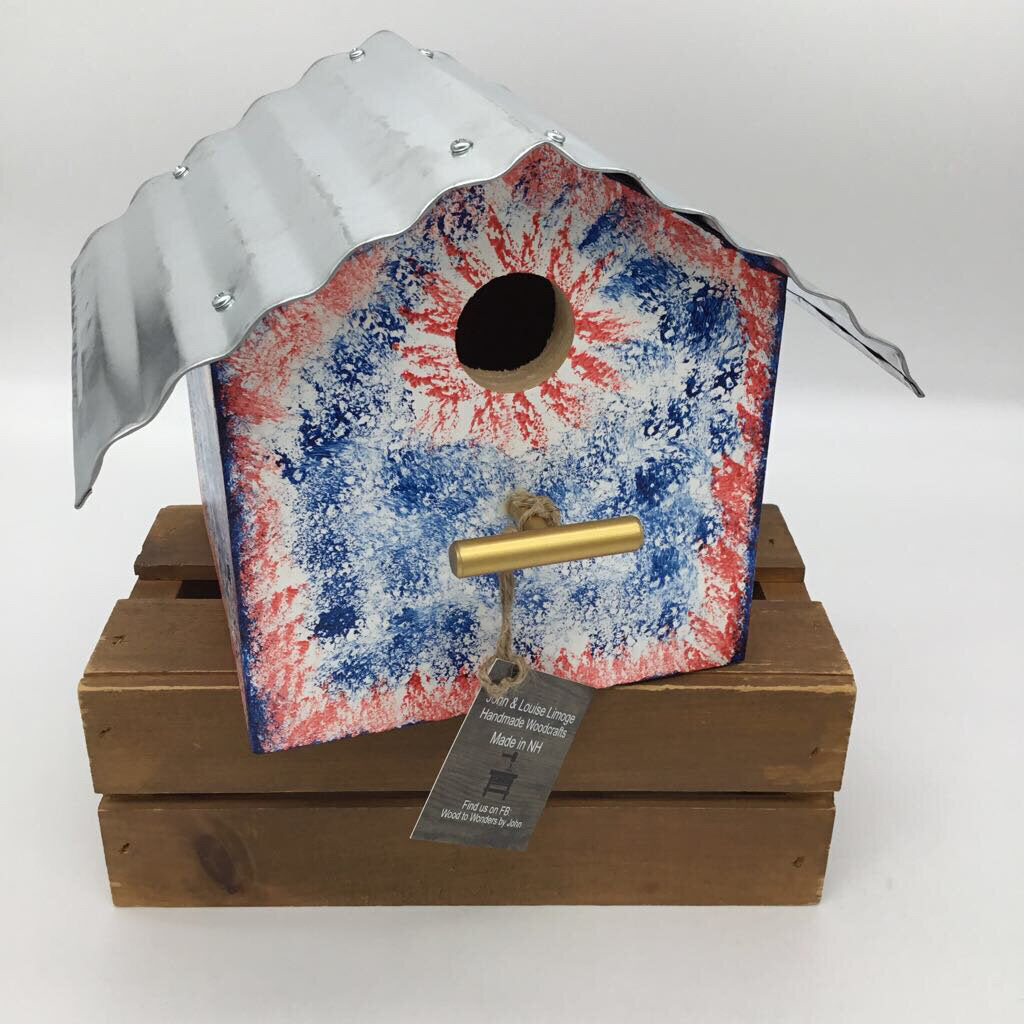 Spongepainted Birdhouse-Red White & Blue