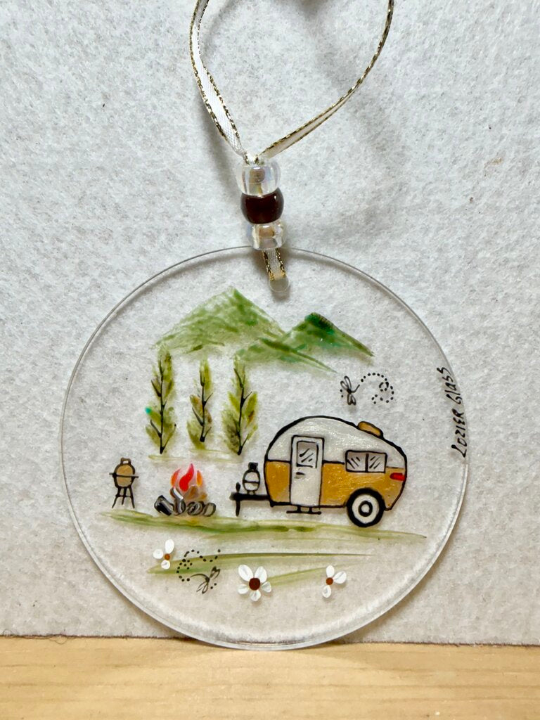 Camping acrylic sun catcher/ornament gold