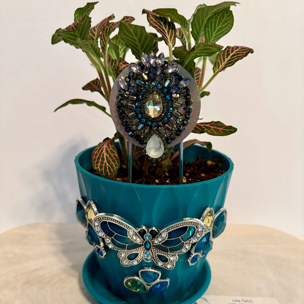 4 IN PLANT in GREEN PLANTER & STAKE decorated w/jewerly