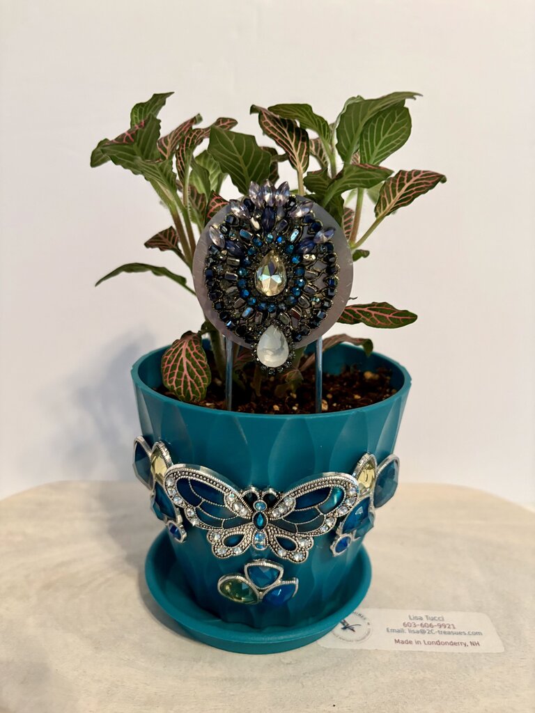 4 IN PLANT in GREEN PLANTER & STAKE decorated w/jewerly
