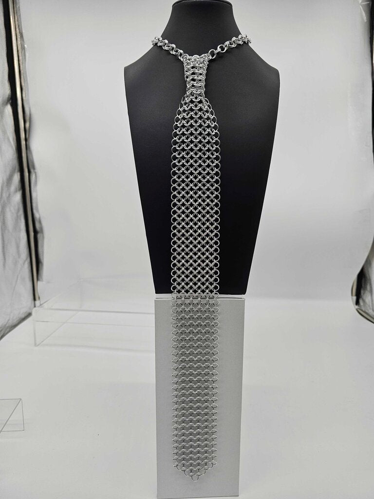Silver Aluminum Chainmail Tie 19 inch long, adjustable neck