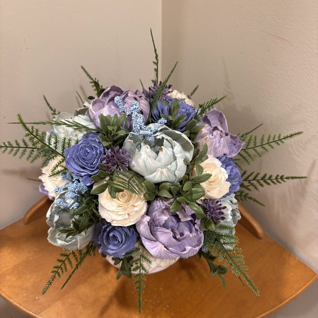White and Gold Vase filled with Blue, Purple and Green Sola Wood Flowers