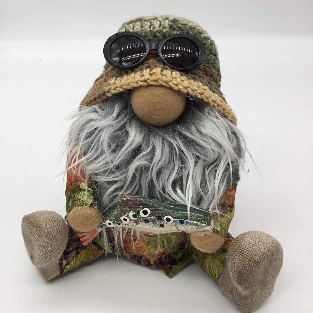 small gnome holding a fish in hunting outfit w crochet hat