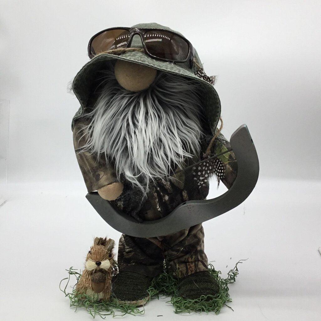 Big hunting gnome with bow and chipmunk