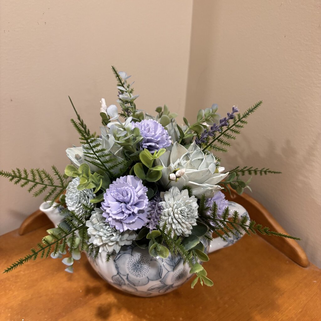 Tea Pot filled with Blue and Green Sola Wood Flowers