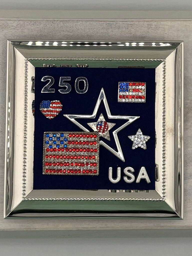 5x5 BRIGHT SHINY SILVER FRAMEw/ VTG RHINESTONE FLAGS, STARS- USA 250