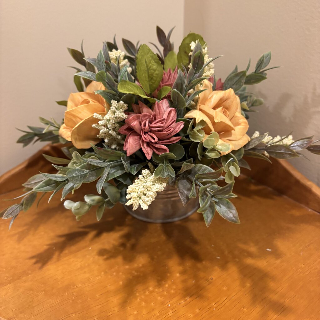 Low Tin filled with Yellow and Rust colored Sola Wood Flowers