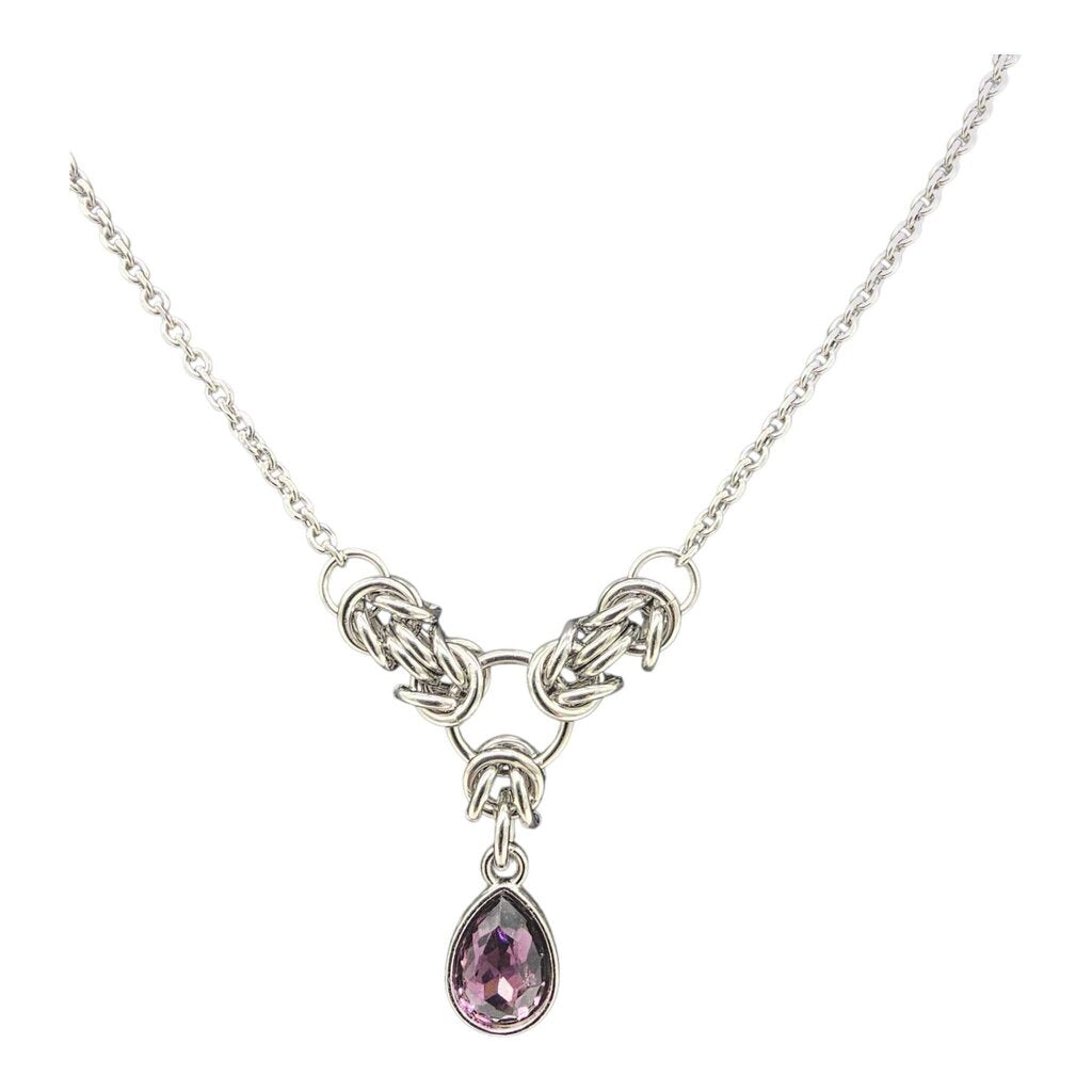 Dark Purple Crystal Stainless Steel Byzantine "February" Necklace 16-18 inches long