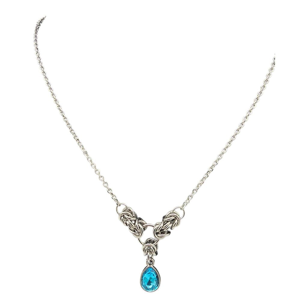 Light Blue Crystal Stainless Steel Byzantine "March" Necklace 16-18 inches long