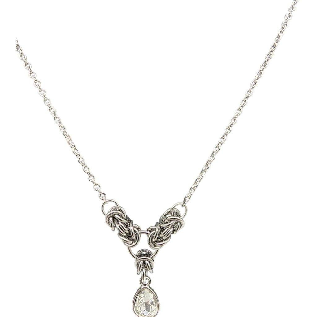 White Crystal Stainless Steel Byzantine "April" Necklace 16-18 inches long