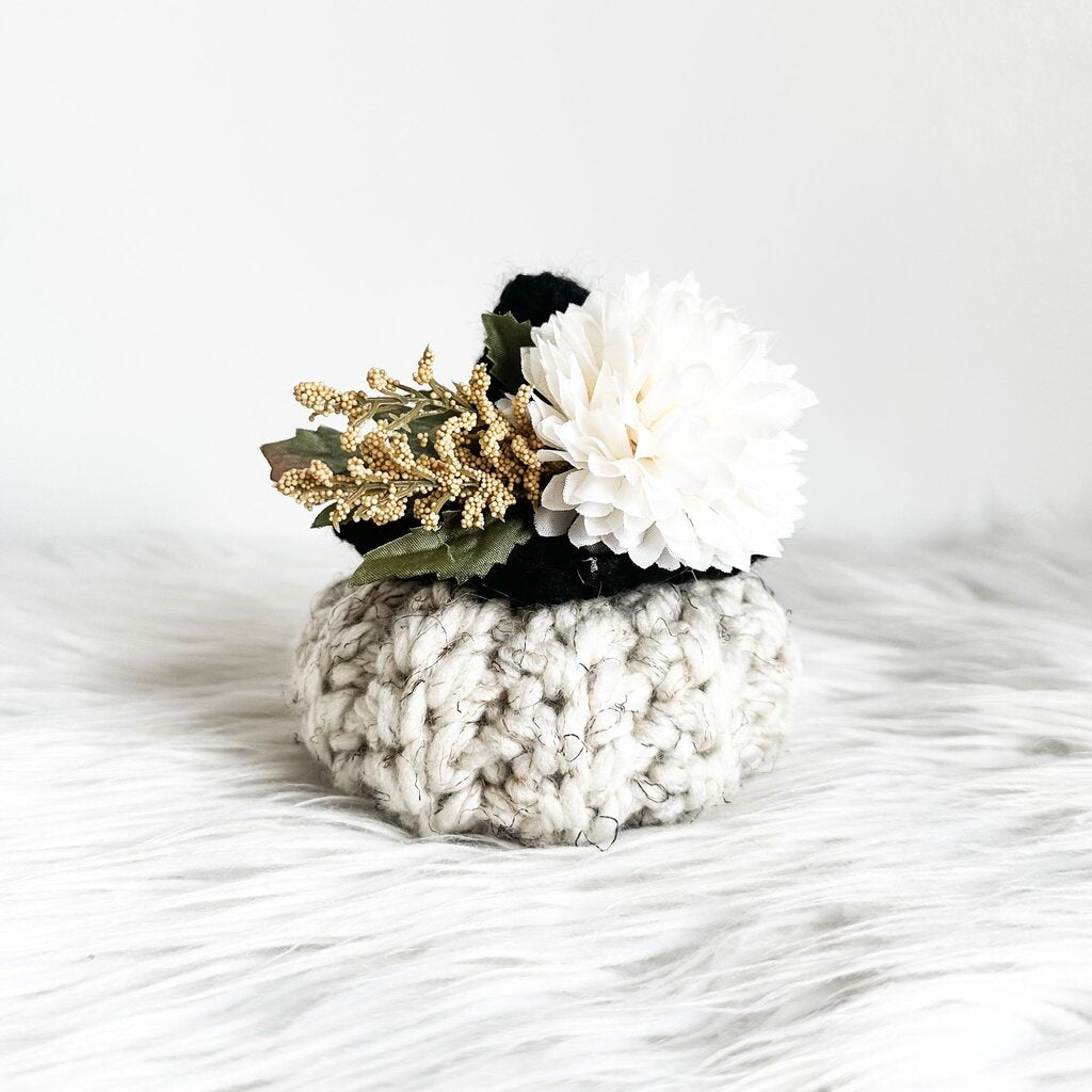 Small Crochet Pumpkin with Witch Hat - Wheat With Cream Florals