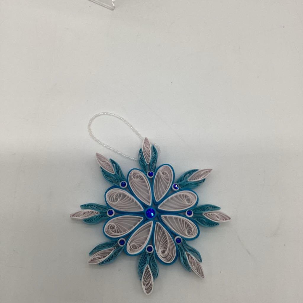 Snowflake ornament white, aqua blue and white with dark blue crystals