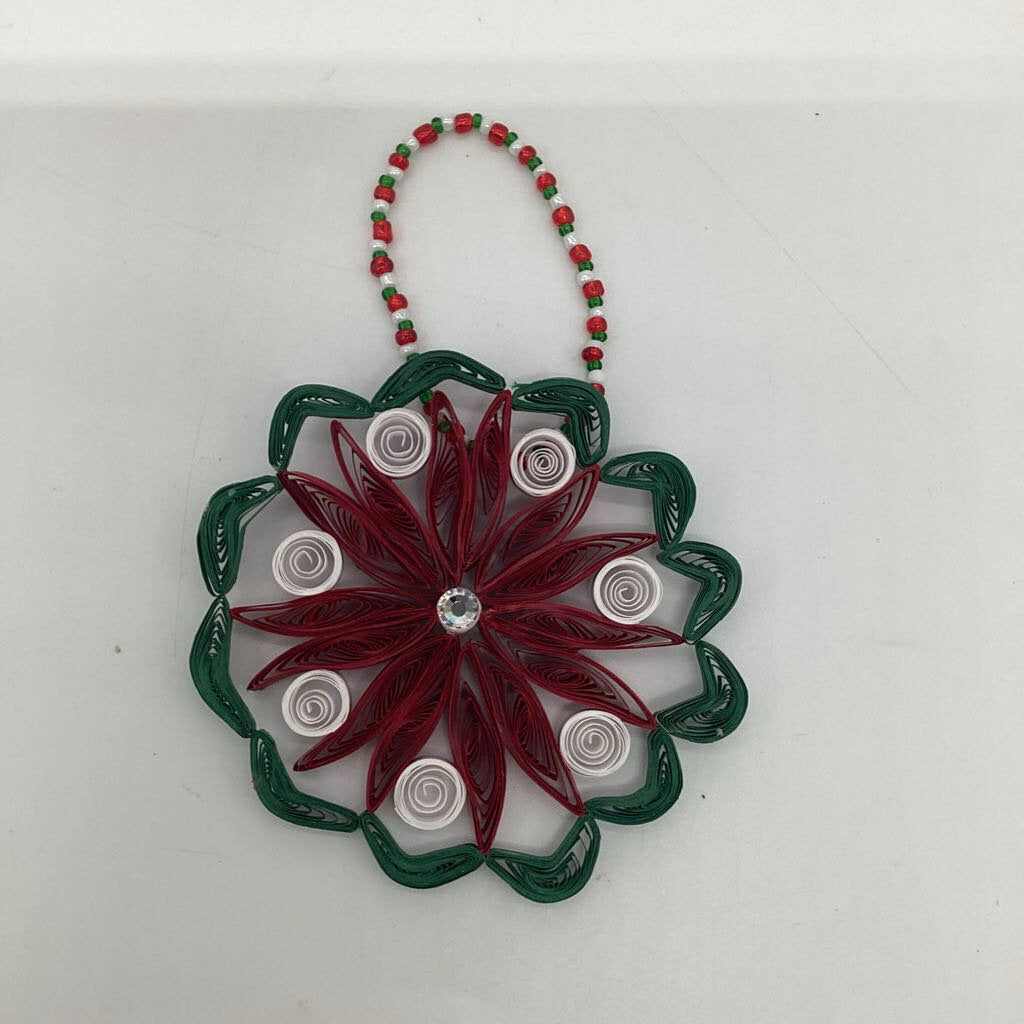 Christmas ornament Green, burgandy and white with Preciosa Crystal in middle
