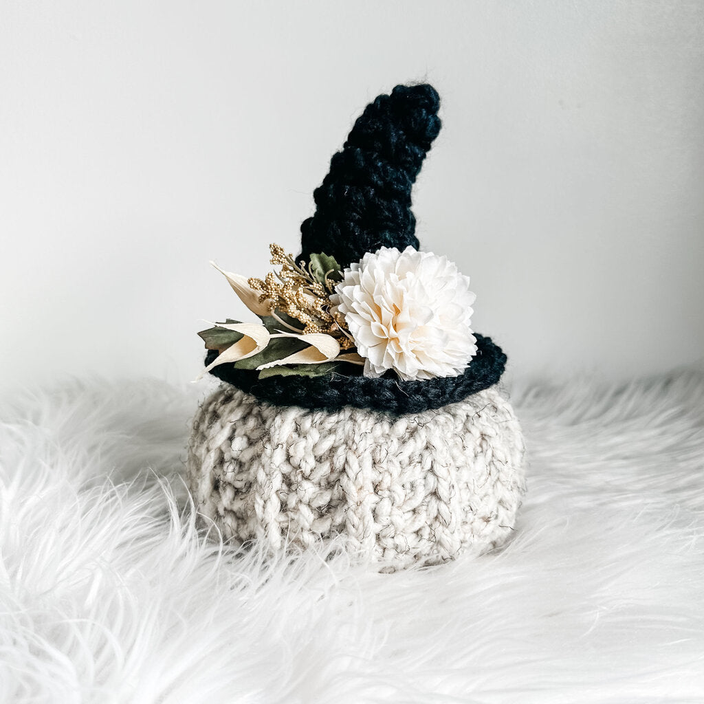 Large Crochet Pumpkin with Witch Hat in Wheat With Cream Faux Florals