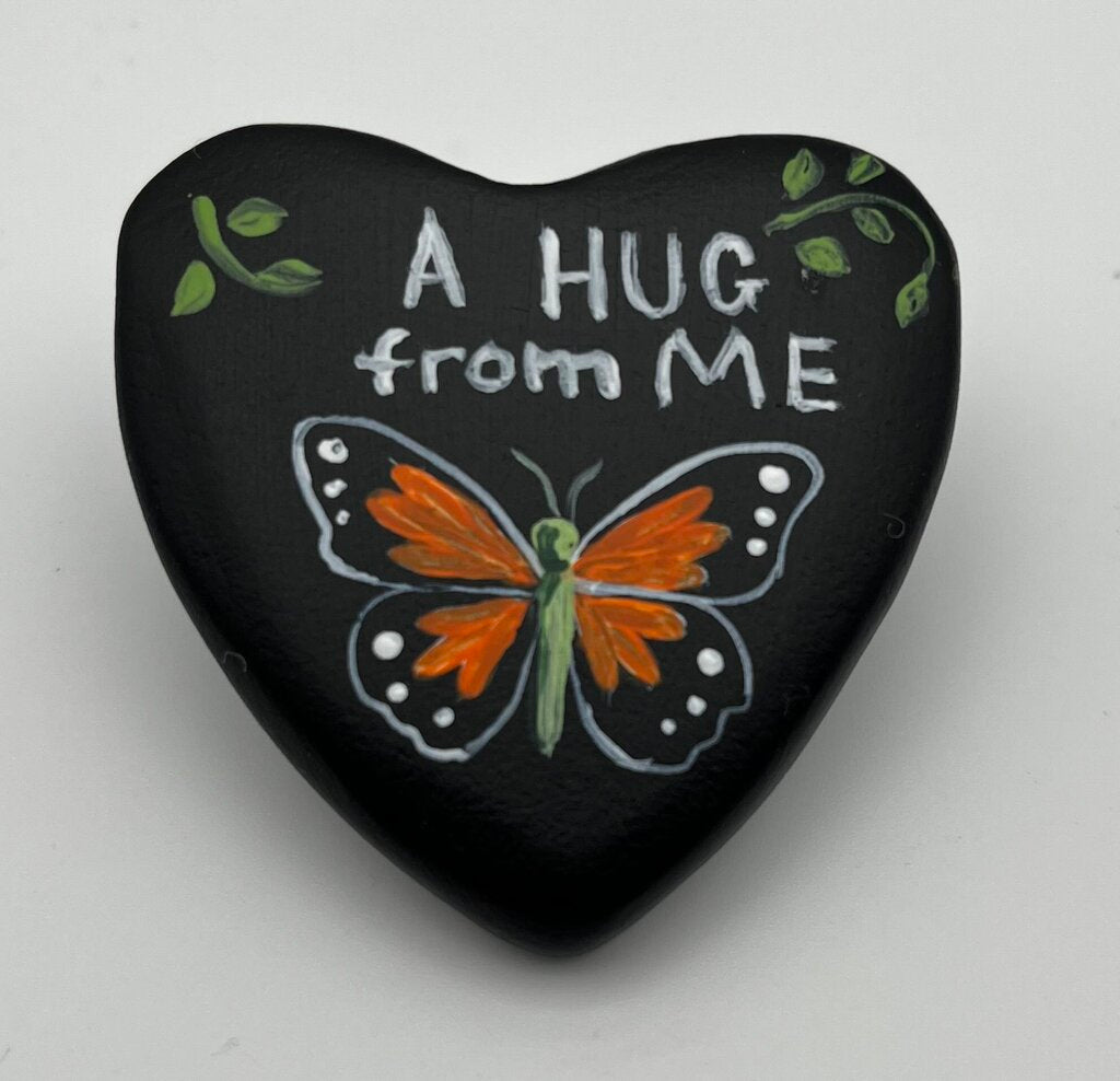 Heart rock blk w/monarch "A hug from me"