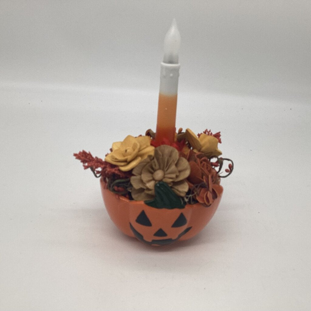 Jack O Bowl with Wood Flowers and Candle