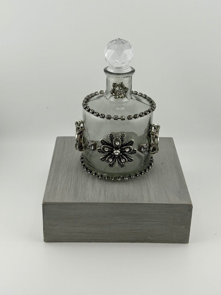 GRAY BOTTLE W/ vtg silver & rhinestone jewelry