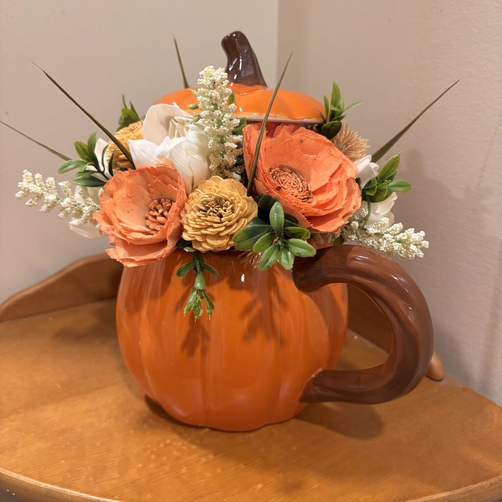 Pumpkin Tea Pot Filled with Sola Wood Flowers