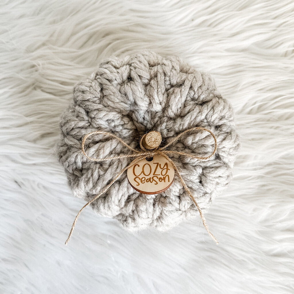 Small Feather Stitch Pumpkin in Parchment with Cozy Season Tag