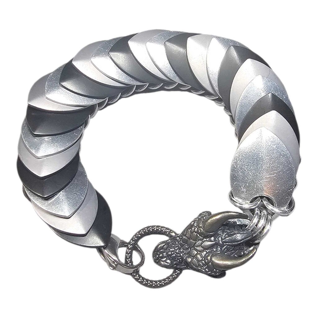 Silver gray black dragonscale bracelet with dragon head, 8 inches long